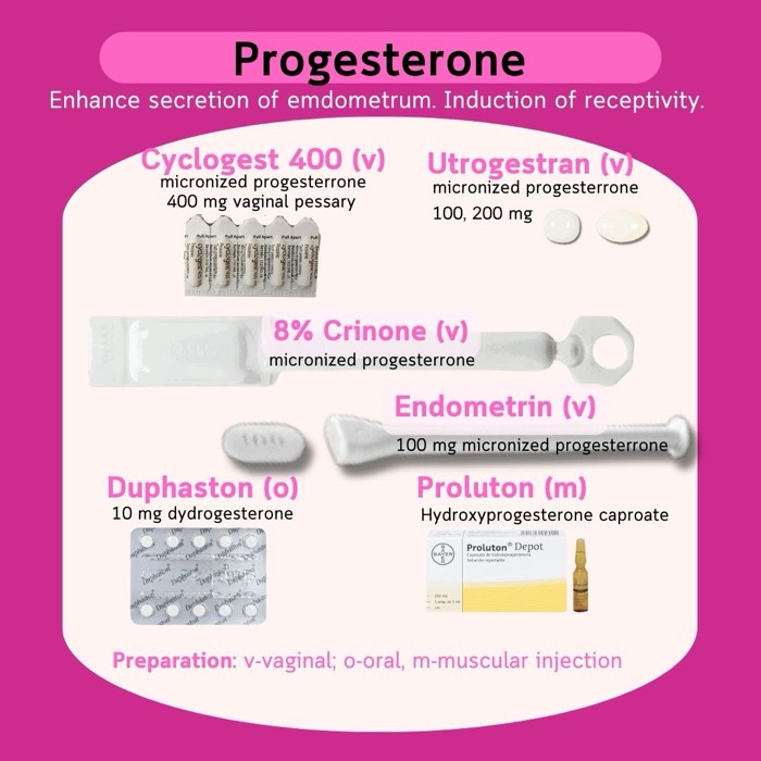 البروجسترونات لتحضير بطانة الرحم ودعمها — Cyclogest، Utrogestran، Endometrin، Crinone، Duphaston، Proluton